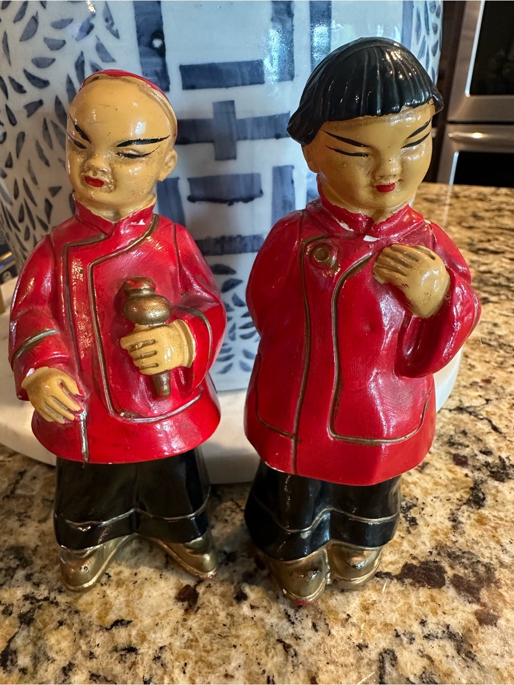 Vintage Red and Black 1950’s Oriental Statues- Figurine Pair - Boy & Girl